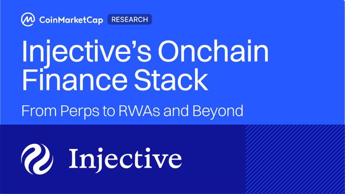 A blue promotional graphic for CoinMarketCap Research titled 'Injective's Onchain Finance Stack: From Perps to RWAs and Beyond,' featuring the Injective logo.