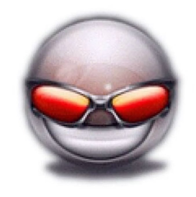 A shiny chrome smiley face wearing red-tinted sunglasses sits above a subtle drop shadow. The image serves as a playful, confident avatar to accompany the post about casually posting speculative "what if" charts of tickers without holding positions.