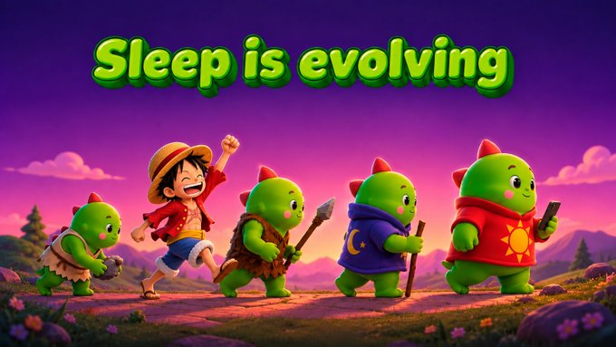 A vibrant graphic titled 'Sleep is evolving' featuring characters in a 3D stylized aesthetic, including a boy with a straw hat (resembling Luffy from One Piece) and several green rounded creatures wearing different outfits, depicting an evolution-like lineup against a sunset sky.