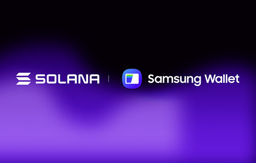 A graphic displaying the partnership logos of "SOLANA" and "Samsung Wallet" against a purple gradient background.