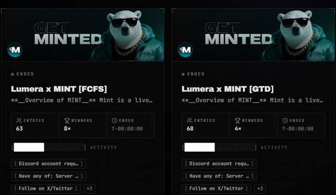 Two side-by-side interfaces for 'GET MINTED' Lumera x MINT events show 'FCFS' with 63 entries/8 winners and 'GTD' with 68 entries/4 winners, featuring a polar bear mascot in sunglasses.
