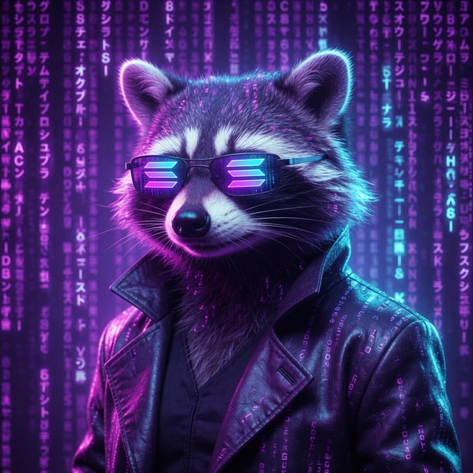 A digital art piece depicts a raccoon wearing glowing neon purple and blue sunglasses and a leather jacket, set against a cyberpunk background with falling Japanese and English code.