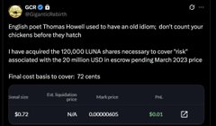 The image shows an X post by GOR (@giganticrebuild) pointing out that English poet Thomas Howell once said "An old idiot, don't count your chickens before they are hatched," and referencing Do Kwon who, despite a court rejecting his $150,000 USTRQ (Terra) escrow payment to cover SAA*, associated the 20 million USD escrow pending the March 2023 price, with the "final cost basis to cover" being 72 cents. The caption reflects Do Kwon apparently pondering GCR's tweet about shorting LUNA, jokingly imagining the foolish proverb playing in his head after his failed attempt to bail out Luna.
