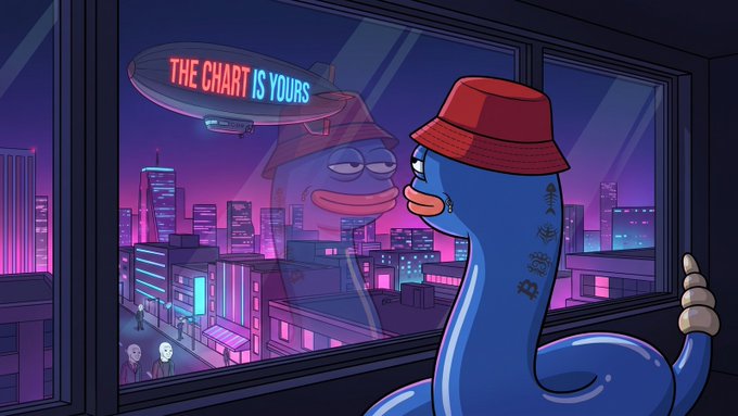 An animated cartoon scene showing a blue worm-like character wearing a red bucket hat looking out a window at a neon-lit cyberpunk city at night, with a blimp in the sky reading 'THE CHART IS YOURS'.
