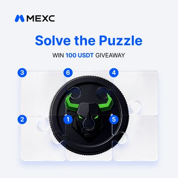 A MEXC "Solve the Puzzle" promotional image features a 3x3 jigsaw puzzle with a black and green bear logo in the center, marked with numbered blue dots (1-6) indicating puzzle-solving steps, advertising a "WIN 100 USDT GIVEAWAY" prize.
