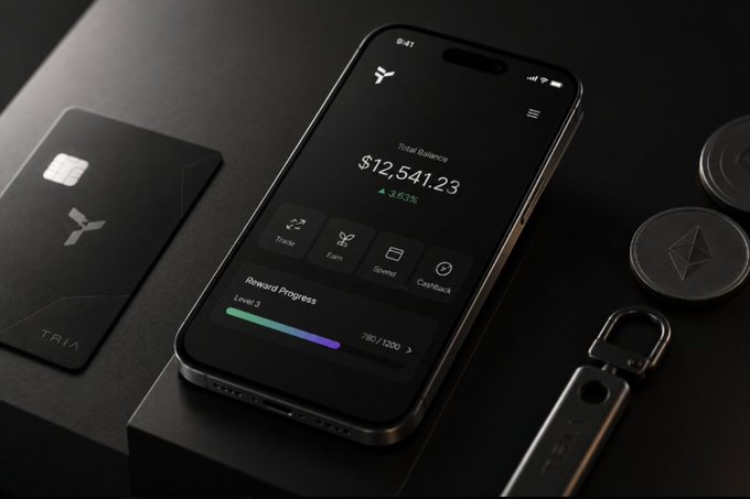 The image depicts a black smartphone laying flat on its side with a credit card next to it, as well as coins and a keychain nearby. The content of the image includes text that reads "Crypto still struggles with something most people don't talk about enough: fragmentation. Trading happens in one place, bridging in another, earning somewhere else, and spending feels like a completely separate world." This text focuses on a common issue faced by cryptocurrency users who are interested in trading but face the challenge of fragmentation which leads to disconnects between exchanges.