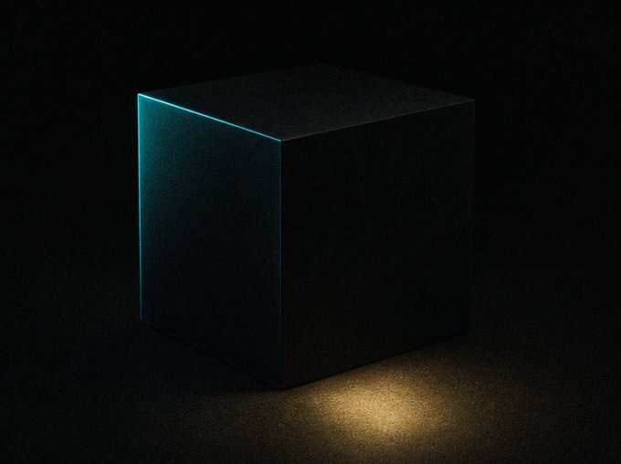A dark 3D cube floats in a black space, illuminated by a cyan edge glow on one side and a warm spotlight beneath it.