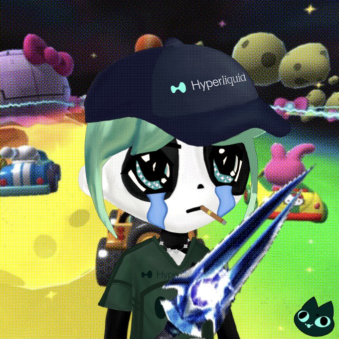 An anime-style character with green hair and a black 'Hyperliquid' cap crying blue tears while smoking a cigarette, set against a colorful cartoon background.