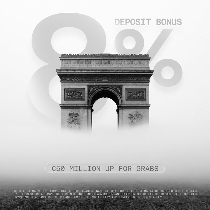 The image is a grayscale promotional advertisement from OKX featuring the Arc de Triomphe in the background with large faded "8%" text overlaid, promoting a deposit bonus of "€50 MILLION UP FOR GRABS," along with the disclaimer identifying OKX Europe Ltd as a CASP licensed by the MFSA.
