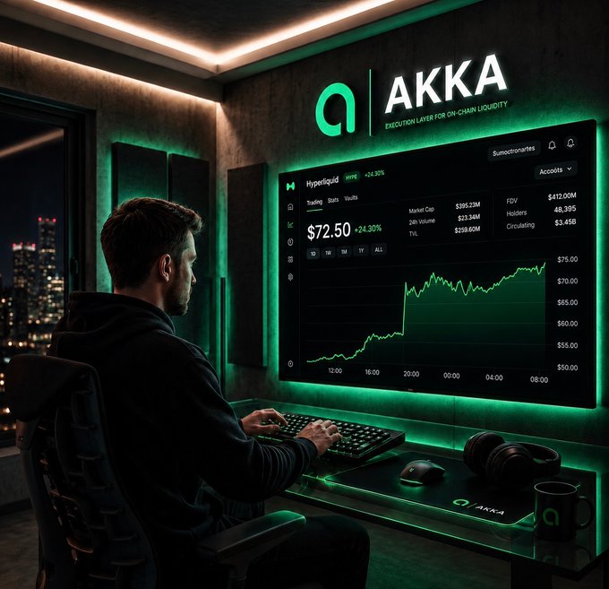 A man sits at an AKKA-branded trading desk in a green-lit room, intently monitoring the Hyperliquid ($HYPE) dashboard showing a price of $72.50 (+24.30%) on a rising chart, accompanied by headphones and a mouse. The image visually echoes the post's hype around Hyperliquid trading, capturing the trader-focused atmosphere of exploring the $HYPE ecosystem.