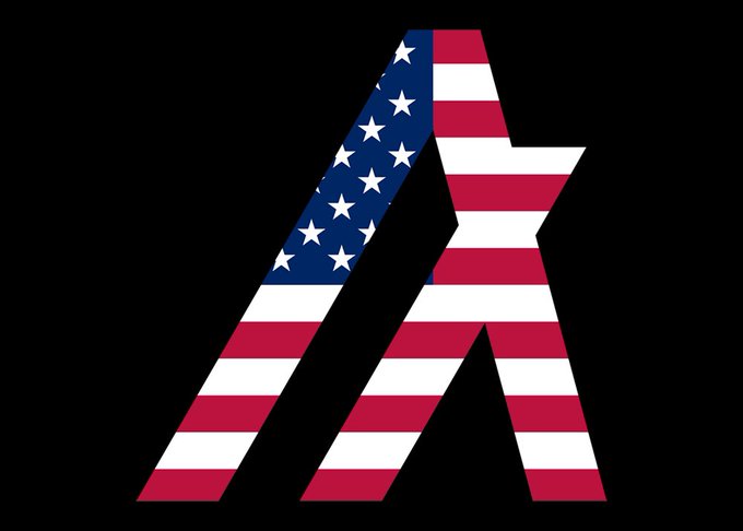 An American flag pattern shaped into a stylized letter 'A' on a black background.