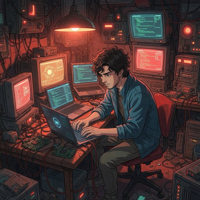 An illustrated scene of a young man with curly dark hair working on a laptop at a cluttered desk, surrounded by multiple glowing monitors, exposed circuit boards, and tangled cables in a dimly lit tech workspace.