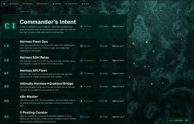 A dark-themed interface listing various agents including 'Commander's Intent', 'Hermes Fleet Ops', 'Hermes SSH Relay', and 'Ultimate Hermes Grokbot Bridge', with all marked as Live.