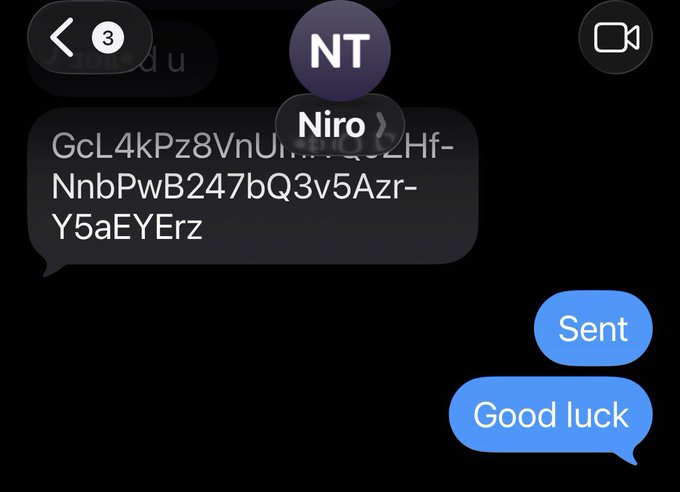 A text message conversation shows someone with the contact name "Niro" sharing a string that appears to be a Solana wallet address (GcL4kPz8VnU...Hf-Y5aEYErz), followed by "Sent" and "Good luck" messages, supporting the post's claim of sending 1 SOL to @Nirotheartist who allegedly used it to make a 20x trade on the pumpfun app with the token $Pistacio.