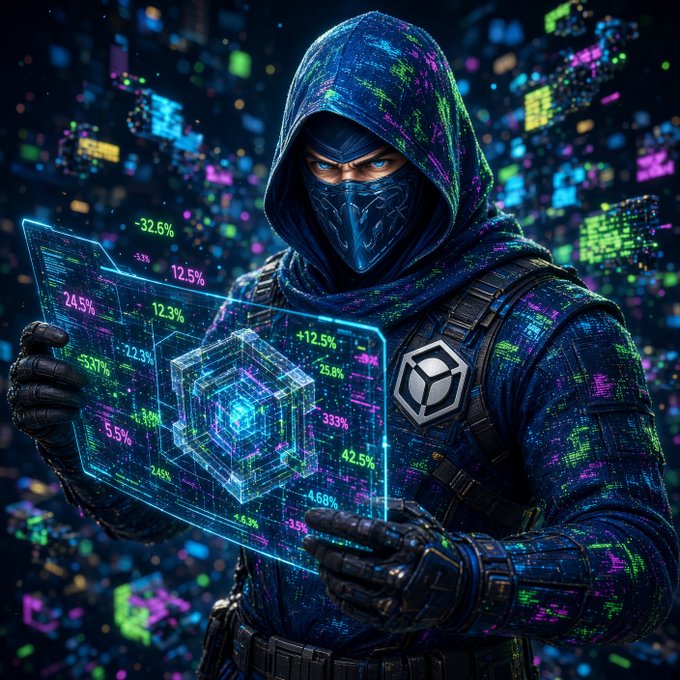 A hooded figure in pixelated digital camouflage manipulates a glowing translucent hologram displaying volatile percentage figures (including -32.5%, +112.5%, +333%, 12.3%, and 42.5%) and a hexagonal data structure, visually echoing the post's theme of "splitting the problem" by separating noisy incentive signals from genuine contextual contributors within @NucleusCodes' design philosophy.