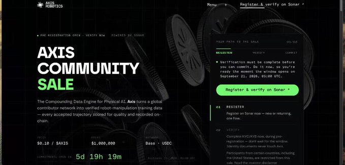 A dark-themed website screenshot promoting the 'AXIS COMMUNITY SALE' for AXIS ROBOTICS, featuring details about a token sale with a countdown timer and a green 'Register & verify on Sonar' button.