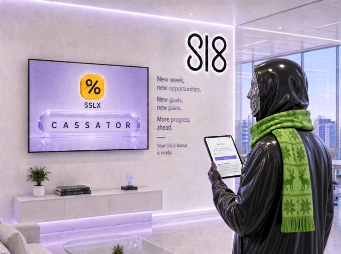 A hooded figure in a glossy black suit and festive green scarf uses a tablet to view their staking rewards, while a wall display shows the SSLX token logo and "CASSATOR" branding alongside promotional text including "New week, new opportunities" and "Your SSLX bonus is ready," with a large "8" visible on the wall—visually supporting the post's mention of the Cassator live staking menu for USDC and SSLX.