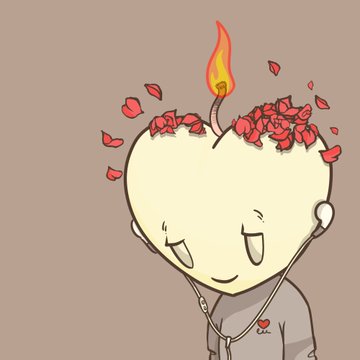 An anime-style illustration of a character whose head is cracked open like an egg, revealing red roses, a lit fuse, and a small heart on their hoodie against a pink background.