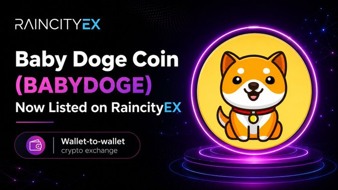 Promotional graphic announcing 'Baby Doge Coin (BABYDOGE) Now Listed on RaincityEX' as a 'Wallet-to-wallet crypto exchange,' featuring a Shiba Inu dog illustration inside a yellow circle with neon purple lighting.