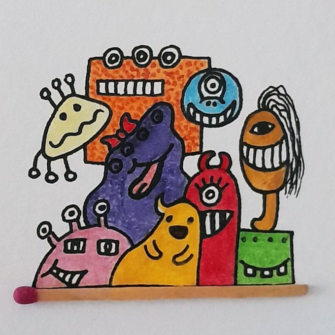 A whimsical hand-drawn illustration features a colorful gathering of cartoon aliens and monsters in vibrant hues of orange, purple, yellow, red, green, blue, and pink, each with quirky features like multiple eyes, wide toothy grins, and antennae. The artwork aligns with the post's description, depicting a playful alien scene as part of an NFT collection with only 3 editions remaining on Tezos (objkt.com).