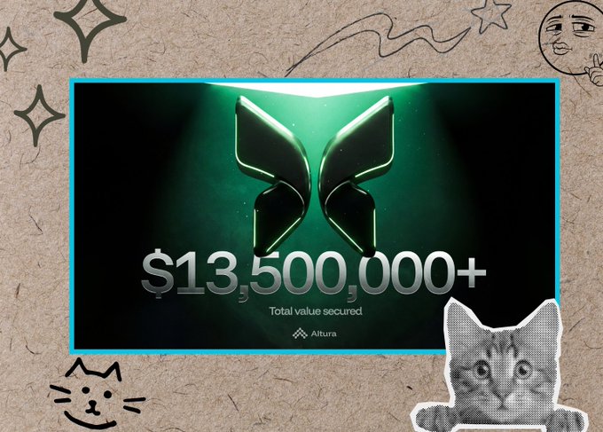 The image features a poster that showcases a cat's face above a price tag for $13,500,000. The text indicates that this amount of money is secured through an asset called AVLT (American Liquid Trust). This suggests that the post is related to or promoting the cryptocurrency market and may have some connection to it.