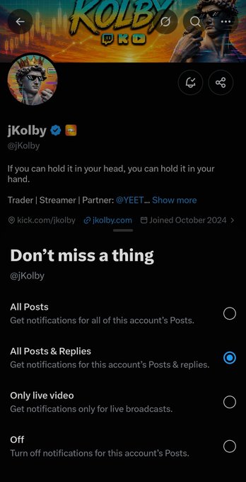 A Twitter/X profile page for 'jKolby' (@jKolby), with the bio reading 'If you can hold it in your head, you can hold it in your hand.' and the 'All Posts & Replies' notification option selected.