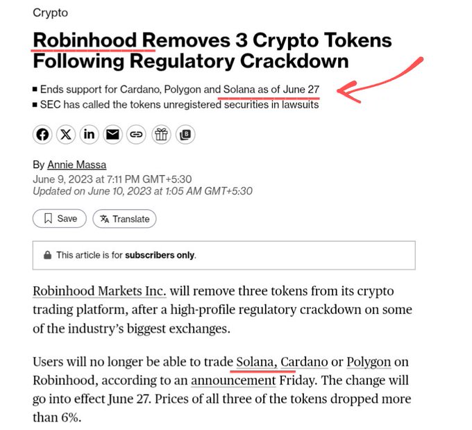 A Bloomberg Crypto article titled 'Robinhood Removes 3 Crypto Tokens Following Regulatory Crackdown' by Annie Massa reports that support for Cardano, Polygon, and Solana ends June 27 due to SEC lawsuits labeling them unregistered securities.