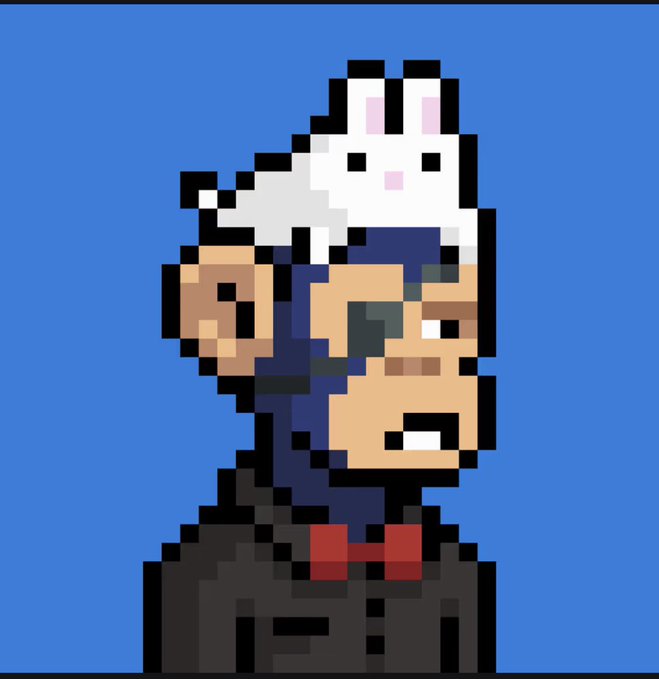 A pixel art style image on a blue background depicting a figure in a black suit with a red bow tie, with a white cartoon rabbit character sitting on top of their head.