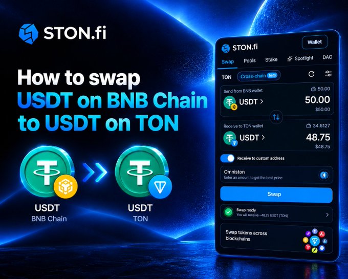 A promotional graphic for STON.fi explaining 'How to swap USDT on BNB Chain to USDT on TON', showing a wallet interface with a swap-ready status and tokens across blockchains.
