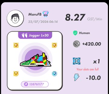 A mobile game screen showing a user profile 'MaruFB' with a 'Jogger Lv30' sneaker NFT earning 8.27 GST/Min, displaying stats like +420.00 and -10.0 with the message 'Your slots are full.'