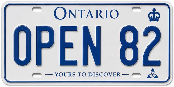 An Ontario license plate reading "OPEN 82" with the tagline "YOURS TO DISCOVER," paired with a post expressing long-term conviction in $OPEN stock. The plate cleverly personifies the ticker as a destination the author believes they're driving toward, with "82" serving as their aspirational price target for when patience pays off.