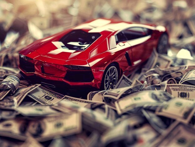 A red Ferrari sports car sitting on a pile of hundred dollar bills, symbolizing wealth and luxury.