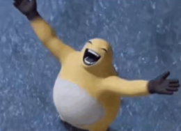 A meme image shows a yellow cartoon character with its arms outstretched wide and mouth open in an exaggerated expression of joy or shock, set against a snowy blue background. The character's triumphant pose humorously mirrors the post's exaggerated reaction to discovering a fellow trader has vastly outperformed them in profit and progress.