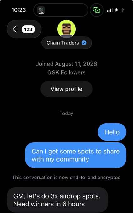 A screenshot of a direct message conversation with ChainTraders showing a 3x airdrop spot giveaway that requires winners in 6 hours, with the greeting "Hello" and a request for spots to share with the community. The image supports the post's claim about offering 3 airdrop spots for the ChainTraders NFT mint giveaway.