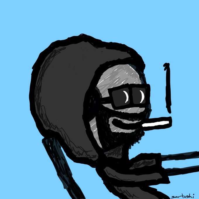 A cartoon illustration of a hooded figure wearing sunglasses and smoking a cigarette, set against a light blue background.
