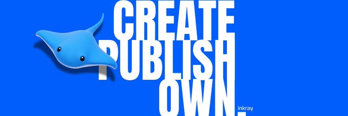 Blue promotional graphic with white text 'CREATE PUBLISH OWN' next to a cute blue stingray/manta ray character, branded with the 'inkray' logo.
