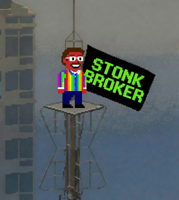 A pixel art animation of a character wearing a rainbow vest standing on a construction crane, next to a black sign reading 'STONK BROKER'.