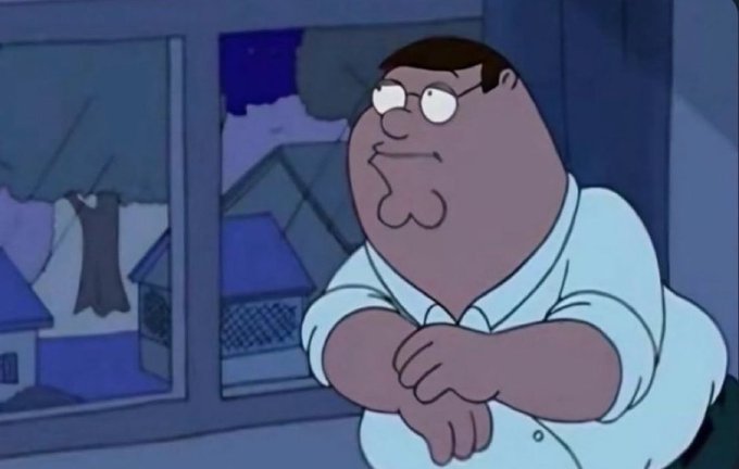 A cartoon character (Peter Griffin from Family Guy) wearing glasses and a light blue button-up shirt leans casually against a window with his arms crossed, looking nonchalant. The image humorously illustrates the post's sentiment of pretending indifference about crypto/stock charts, with the character's aloof, unbothered posture embodying the "acting like I don't care" vibe to hopefully cause prices to pump.