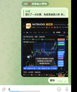 A Telegram chat screenshot showing a promotional message from a user named 九哥 advertising a trading group, featuring a stock chart of NUTBUCKS on GGMGN with a 100% win rate claim and a t.me/jiugequkuailian group invite link.