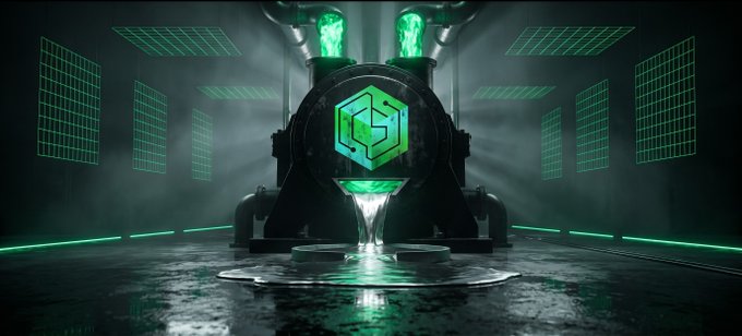 A glowing green hexagonal "CS" emblem sits inside an industrial furnace where molten green liquid pours down from glowing vats, symbolizing the pure, unfiltered value being forged and distributed. The imagery of a transparent, industrial process visually reinforces the post's message of zero platform fees, with 100% of value flowing back to $CSWAP stakers and farmers via cswap.trade.