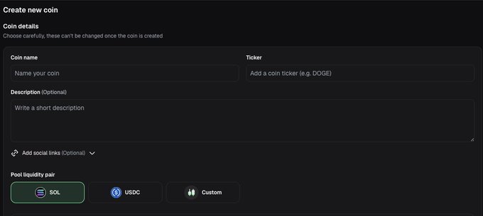 A dark-themed 'Create new coin' form with fields for Coin name, Ticker, Description, and pool liquidity pair options (SOL, USDC, Custom).