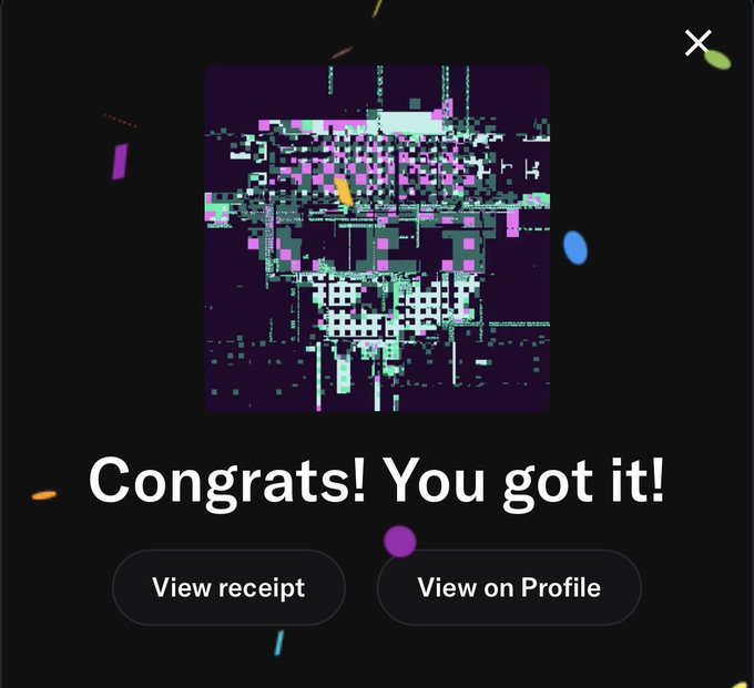 A dark screen displaying 'Congrats! You got it!' with a glitchy pixelated image and buttons for 'View receipt' and 'View on Profile'.