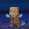 A pixelated character resembling a brown paper bag with eyes and limbs wears a brown suit against a dark blue background.