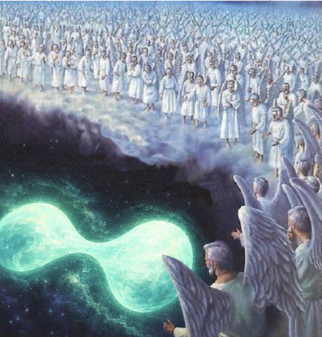 A heavenly scene depicts countless robed figures and winged angels in a celestial realm, gazing upon a glowing, peanut-shaped nebula resembling the Hyperliquid logo, suggesting divine approval of the cryptocurrency. The ethereal blue-green cosmic symbol floats amid clouds, mirroring the post's reference to "hyperliquid."