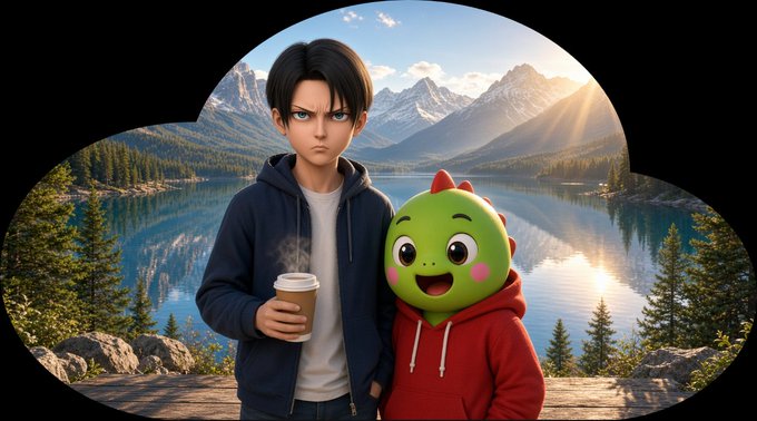 A 3D animated scene shows a dark-haired young man in a navy hoodie holding a coffee cup next to a smiling green character in a red hoodie, set against a mountainous lake landscape.