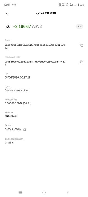 A screenshot of a completed blockchain transaction for +2,166.67 AIW3, a contract interaction on BNB Chain dated 08/04/2026, with a network fee of 0.000535 BNB ($0.31) and 94,253 block confirmations.