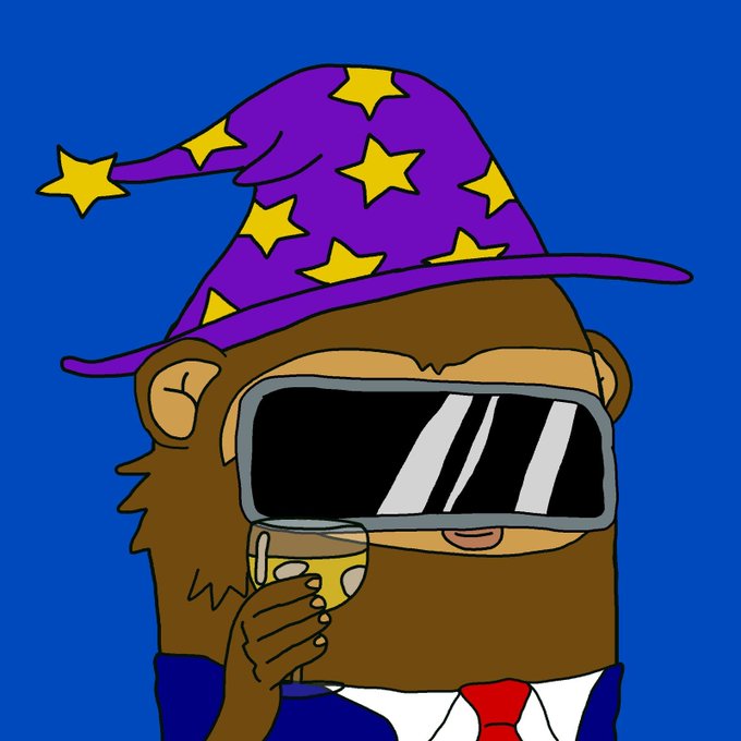 A cartoon illustration of a brown furry character wearing a purple wizard hat with yellow stars, a large VR headset, and holding a yellow cup.