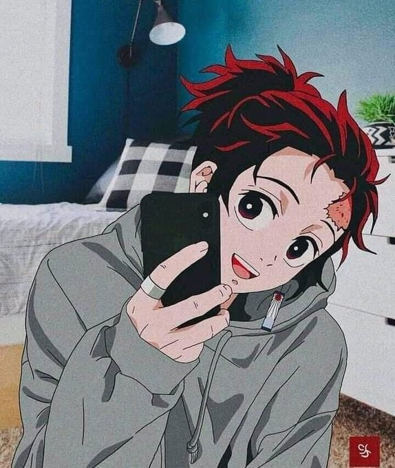 An anime-style illustration of a character with spiky red and black hair, wearing a grey hoodie and a crystal earring, taking a selfie with a black smartphone in a bedroom setting.
