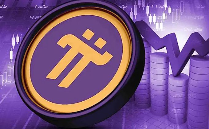 A promotional graphic featuring the Pi cryptocurrency logo in gold and purple, displayed on a coin beside coin stacks with a downward-pointing arrow and candlestick charts in the background.
