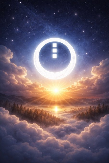 A fantasy digital illustration showing a sunlit landscape with mountains, pine forests, and a sea of clouds beneath a starry night sky, with a glowing circular halo containing a colon-punctuation symbol floating above the horizon.